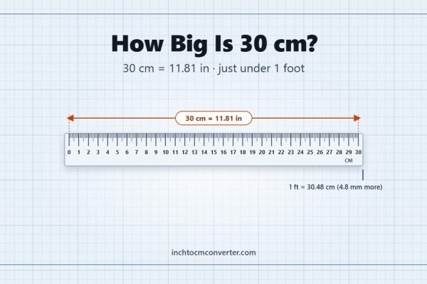 How big is 30 cm - 30 cm equals 11.81 inches, just under 1 foot